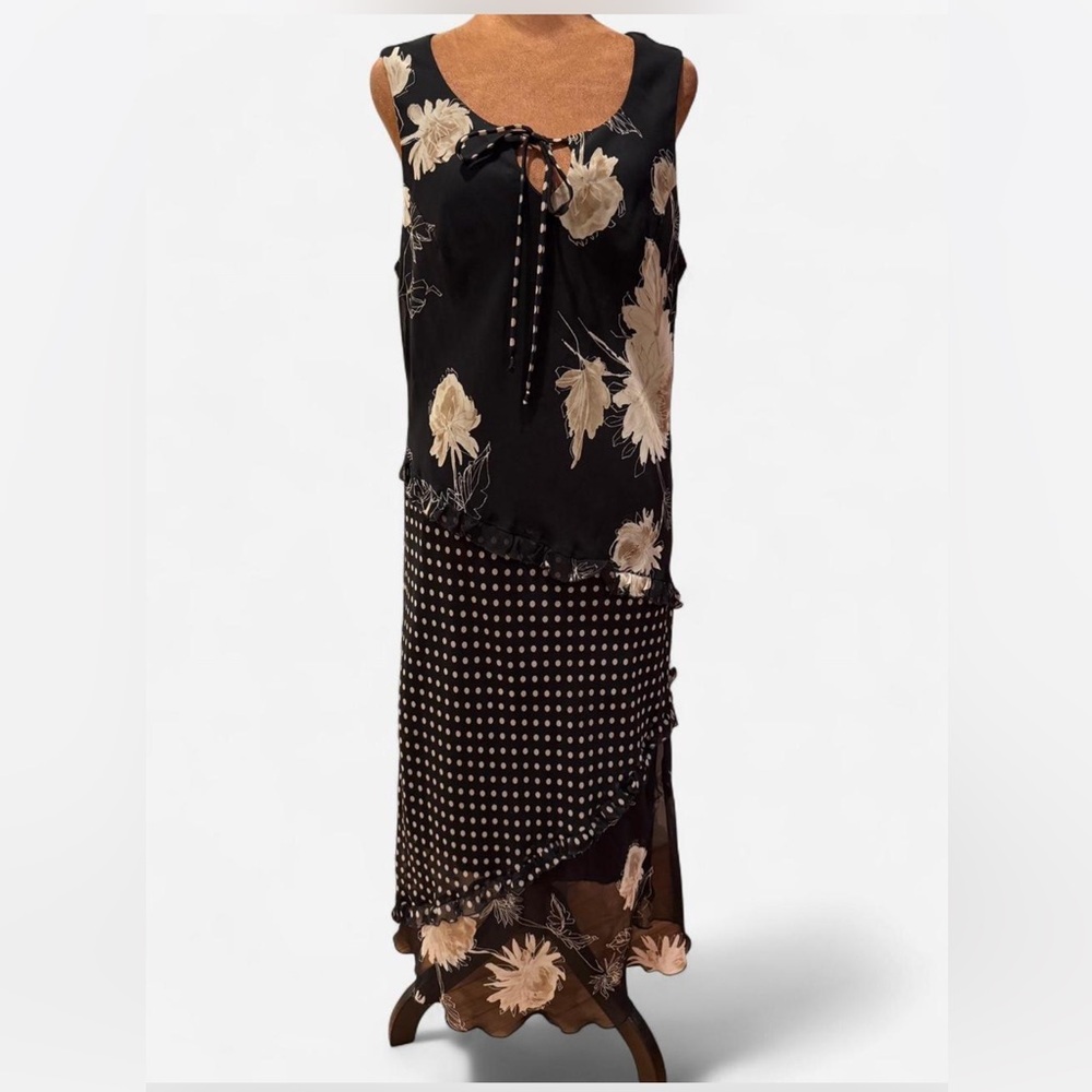 VTG Y2k Patchwork Floral Polka Dot Black Cream Sleeveless Maxi Dress Dark Floral